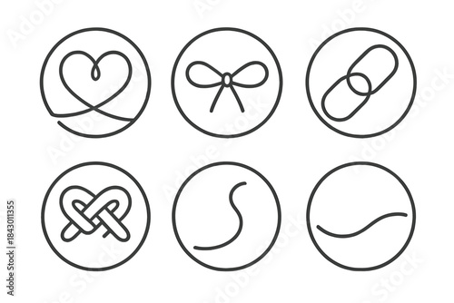 Emotional Weave Icons. Line style round vector icons of Emotional Weave: heart thread, calm tie, gentle link, soft knot, flowing