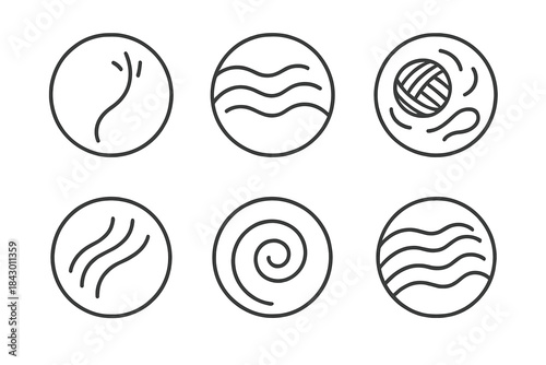 Whispering Fabric Icons. Line style round vector icons of Whispering Fabric: airy thread, curved pattern, floating yarn, subtle