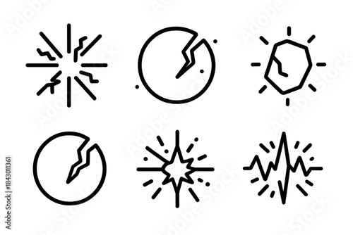 Fragmented Light Icons. Line style round vector icons of Fragmented Light: splintered flare, glowing fracture, luminous piece,