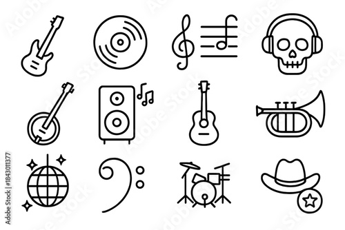 Music equipment linear icon set. featuring guitar, record, notes, skull, banjo, speaker, trumpet, bass, drums, hat
