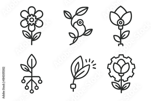 Mechanical Flora Icons. Line style round vector icons of Mechanical Flora: gear blossom, metal vine, robotic petal, wired root,