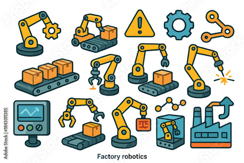 Factory robotics flat icon set. featuring robotic arm, conveyor belt, gear, warning, and automation symbols