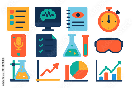 Psychology Study Tools Icons. Flat vector icons of psychological study tools for rituals: questionnaire, brain scan, observation