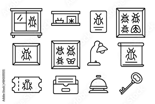Entomology Museum Icons. Line style icons of entomology museum: glass cabinet, display shelf, label card, specimen drawer; wooden