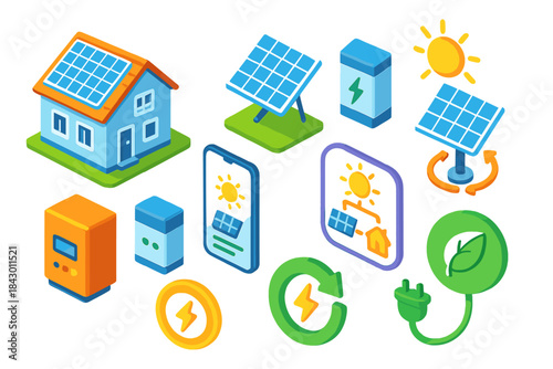 Renewable energy isometric icon set. featuring house, solar panel, battery, sun, inverter, and eco symbols