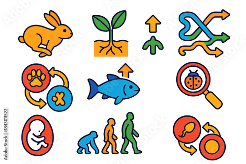 Biodiversity Iconiverse. Isometric vector illustration set Apparent purposefulness in organisms: animal functional traits, plant