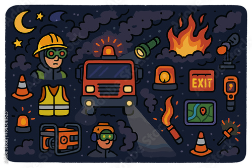Emergency response flat icon set. featuring firefighter, fire truck, helmet, flashlight, exit sign, map, and traffic cone icons