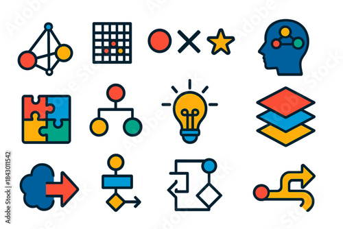 Abstract Thought Icons. Flat vector icons of development of abstract thinking: geometric diagram, pattern recognition, symbolic