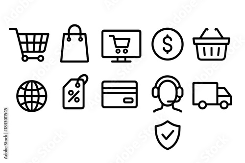 E-commerce silhouette icon set. featuring cart, bag, monitor, dollar, basket, globe, tag, card, headset, truck, shield.