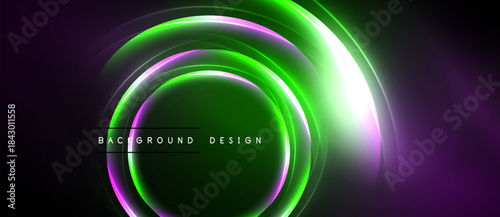 Abstract neon circles overlap, creating vibrant green, purple glow. Dark background emphasizes luminous design elements. Modern, dynamic composition.