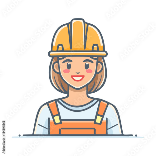 Illustration of a smiling female construction worker, wearing a hard hat and orange overalls, with a simple and bright design.