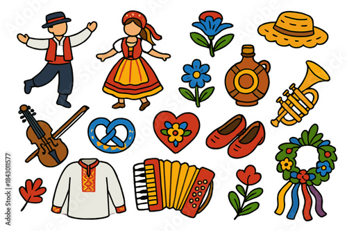 Folk dance flat icon set. featuring dancer, flower, hat, violin, accordion, wreath, shoes, jug, heart, trumpet