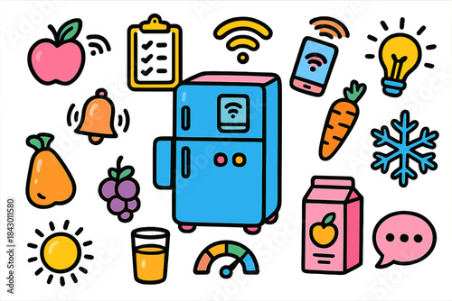 Smart kitchen flat icon set. featuring fridge, wi-fi, phone, carrot, apple, light bulb, milk, snowflake