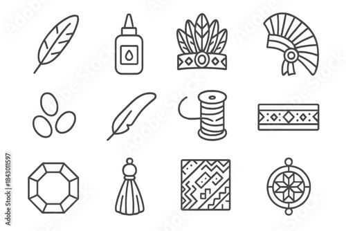 Traditional Headwear Icons. Line style icons of Traditional Headwear: Feather, Glue, Detailed Design, Headdress; Beadwork, Leather