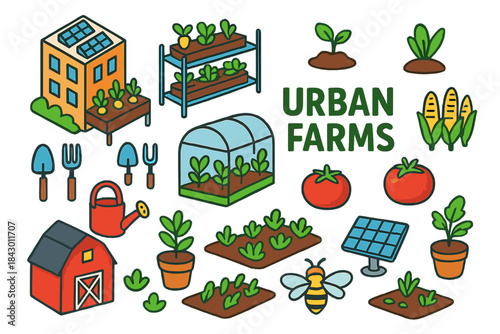 Urban farming flat icons set. featuring gardening tools, greenhouse, solar panel, bee, urban farm, and crops symbols