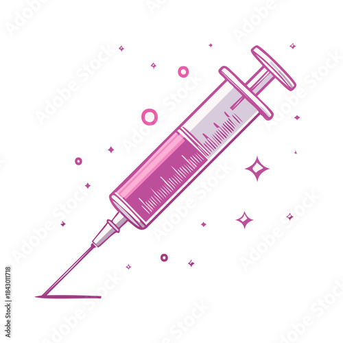 Medical Syringe with Needle Injecting Pink Liquid for Vaccination or Treatment