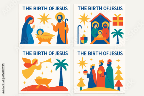 Nativity flat icon set. featuring birth of jesus, mary, joseph, angel, manger, wise men, star, gifts, palm tree