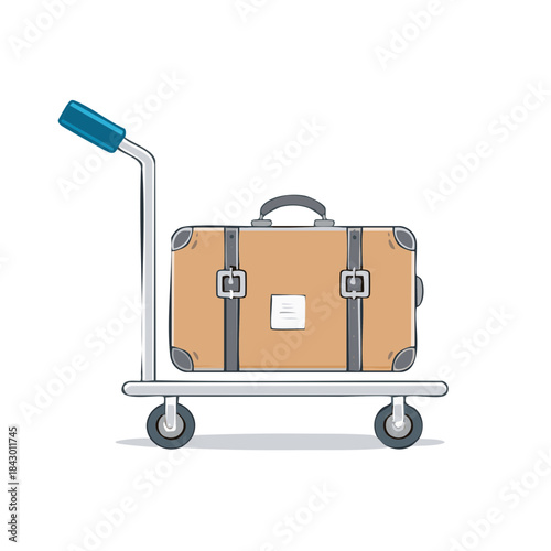 Suitcase on Luggage Cart Hand Drawn Vector Illustration Isolated Vacation Trip Baggage Carrier