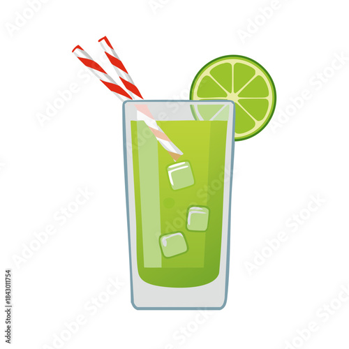 Refreshing Green Cocktail with Lime and Ice Cubes. Vector Illustration