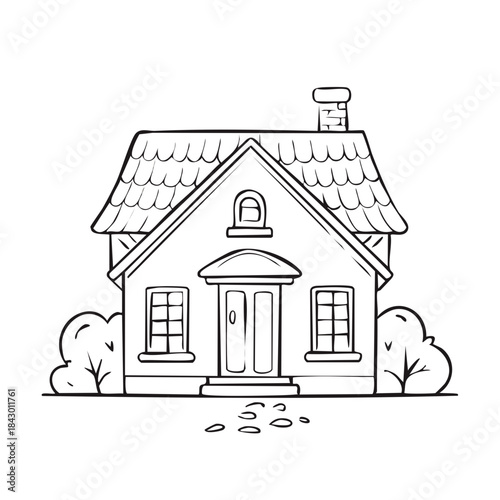 Line art house drawing with chimney, roof tiles, door, and shrubs in front