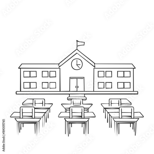 School building illustration with desks and chairs in front of main entrance in black outline sketch style
