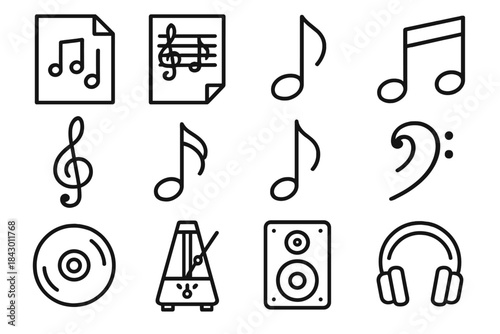 Music linear icon set. featuring sheet, note, clef, cd, metronome, speaker, and headphones icons