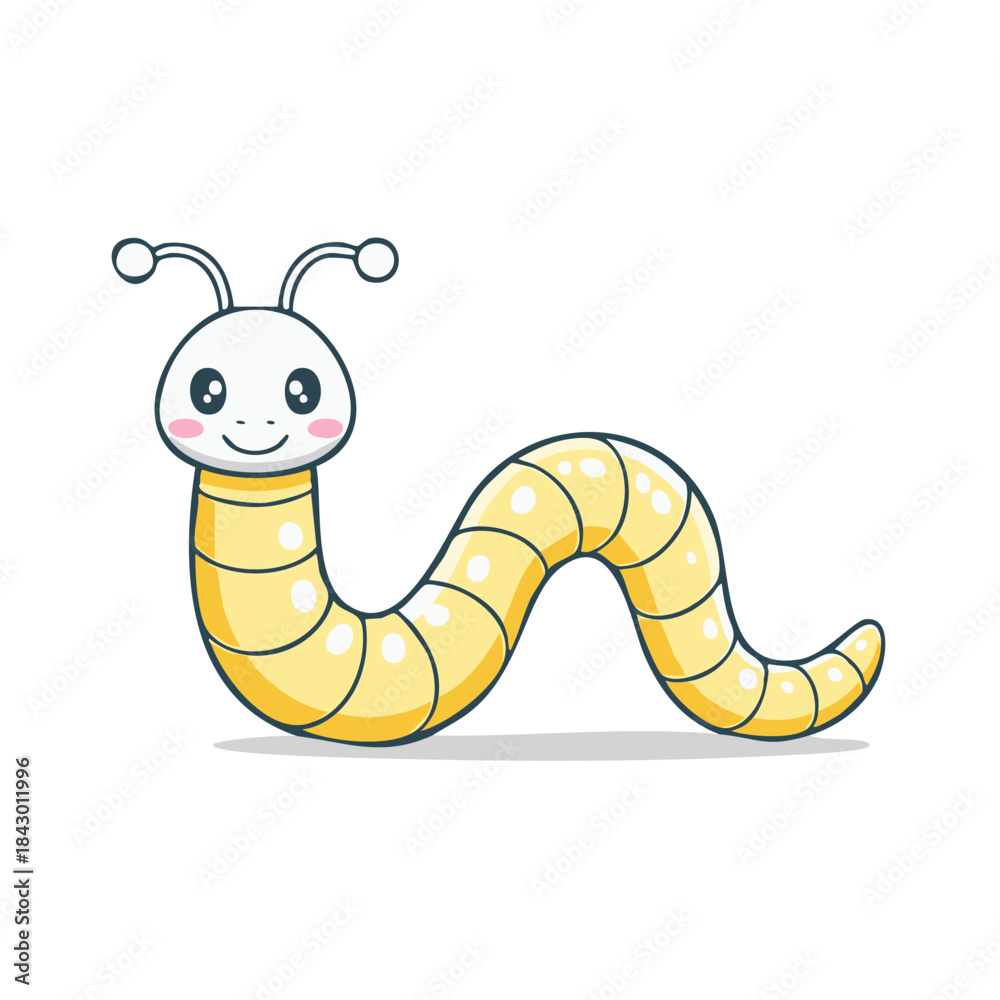 Fototapeta premium Cartoon yellow worm with big eyes and antennae, smiling cute animal, children book illustration