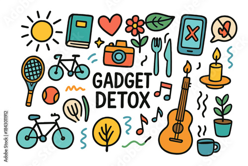 Gadget detox flat icon set. featuring sun, book, heart, flower, leaf, camera, phone, flame, and bicycle symbols