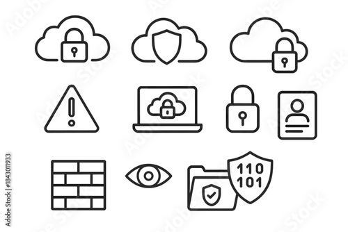 Cybersecurity linear icon set. featuring lock, shield, cloud, alert, firewall, eye, folder, and id symbols
