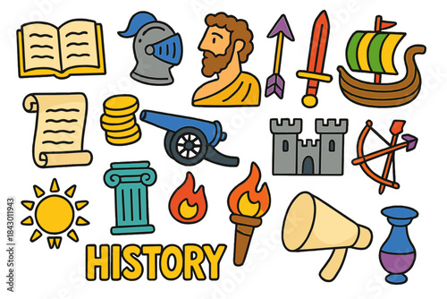 History flat icon set. featuring book, helmet, bust, sword, ship, scroll, coins, cannon, castle, and more.