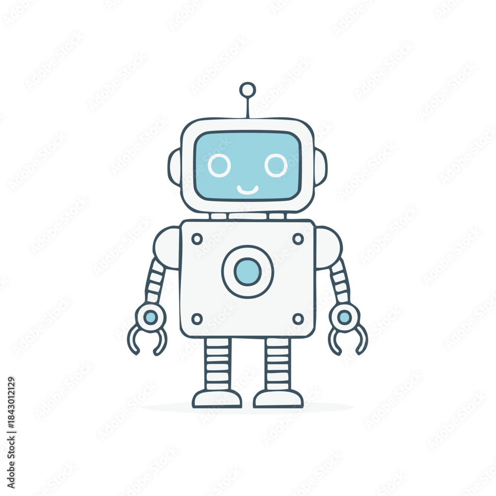 Fototapeta premium Cute Robot Character with Smiling Face and Antenna for Technology or Future Concepts