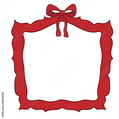 Wavy Red Funny Doodle Valentine Day Frame. Vintage Curly Hand Drawn Empty Border. Wedding Greeting Vibrant Frame Retro Canvas. Cartoon Border with Bow Ribbon Element Design