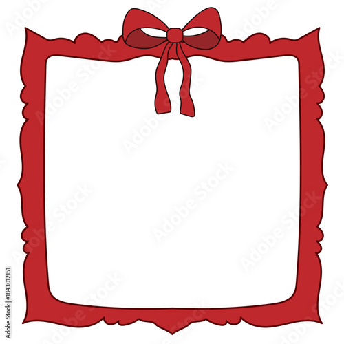 Wavy Red Funny Doodle Valentine Day Frame. Vintage Curly Hand Drawn Empty Border. Wedding Greeting Vibrant Frame Retro Canvas. Cartoon Border with Bow Ribbon Element Design