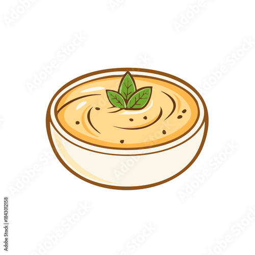 Cartoon Hummus Bowl Topped with Basil Leaves Isolated on White Background