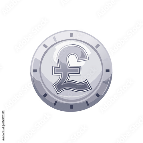Pound Sterling Coin Cartoon Symbol Isolated on White, Simple Money Vector Design, Silver Color Currency
