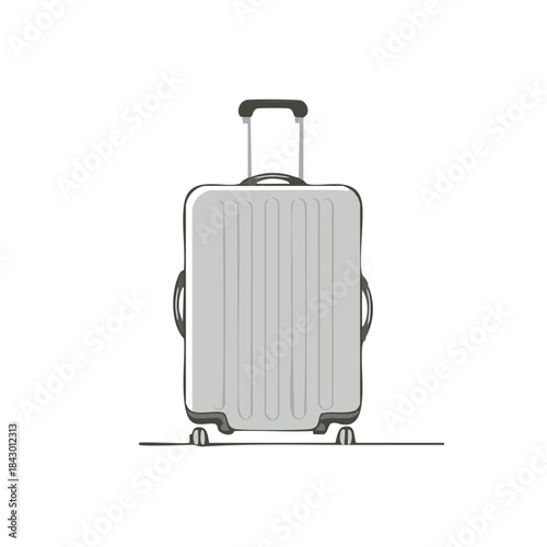 Illustration of a gray rolling suitcase, vacation travel luggage with handle and wheels