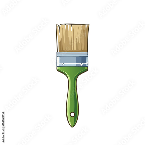 Painter's Brush Close-up: Green Handle, Metal Ferrule, Bristle Brush Tool for Painting, Art Projects, and Home Improvement Crafts