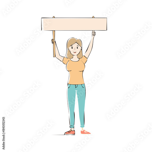 Woman Holding a Blank Sign Above Her Head in Protest Cartoon Illustration