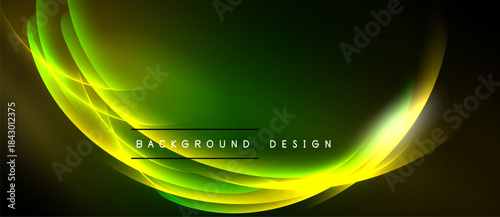 Abstract design features vibrant yellow, green curves. Dark background emphasizes glowing lines, creating dynamic visual effect. Modern, elegant.