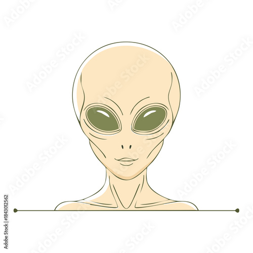 Illustration of an extraterrestrial humanoid face featuring an alien with large dark eyes and a hairless head on a clean white canvas