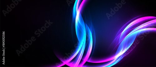 Abstract light streaks, vibrant pinks, blues swirl against dark background. Dynamic energy radiates from flowing forms.