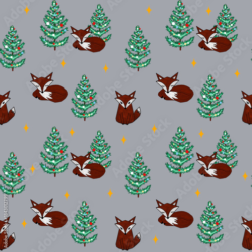 seamless pattern illustration of brown fox and fir tree with star decoration on grey background