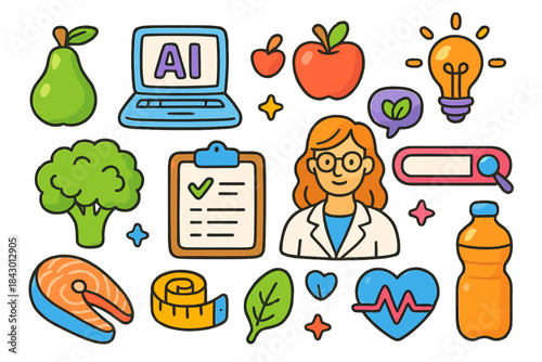 Health and nutrition flat icon set. featuring pear, apple, lightbulb, broccoli, clipboard, doctor, salmon, measuring tape, leaf, heartbeat