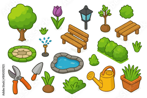 Gardening tools flat icon set. featuring tree, flower, bench, lamp, bush, hedge, sprinkler, pond, shears, trowel, watering can