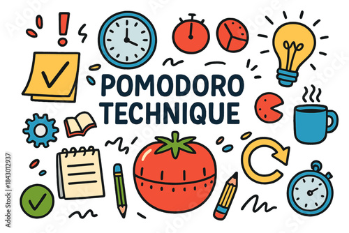 Time management colorful icon set. featuring clock, tomato, checklist, timer, and coffee cup symbols