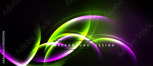 Abstract neon lines create dynamic curves. Vibrant green, purple hues dominate dark background. Modern design element.