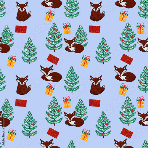 Seamless pattern of foxs, green Christmas tree, and gifts on blue background. Design for fabric, wrapping paper, or digital backgrounds.