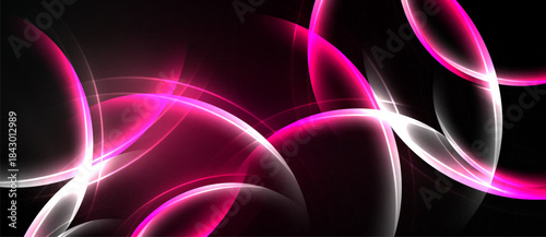 Abstract design features flowing curves, vibrant pinks, whites against dark background. Dynamic composition creates modern aesthetic.