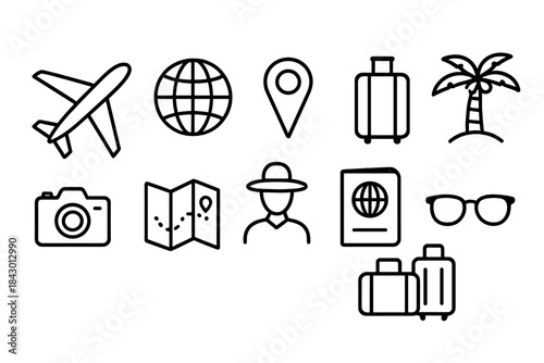 Travel silhouette icons set. featuring airplane, globe, location, luggage, palm tree, camera, map, tourist, passport, sunglasses