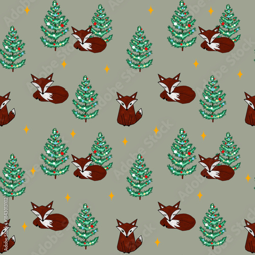 Seamless pattern illustration of brown fox and fir tree with star decoration on sage green background